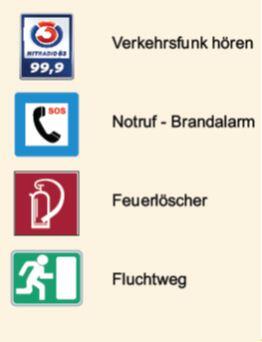 Signs for traffic radio, emergency call / fire alarm, fire extinguisher and escape route