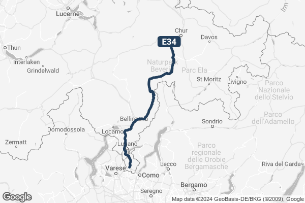 In blau eingezeichnete Europstrasse E34 ohne Sperrung