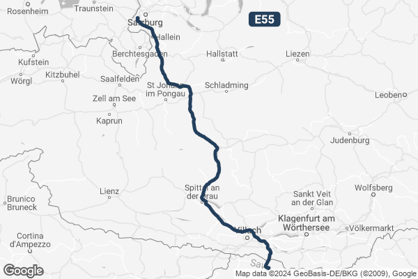 In blau eingezeichnete Europstrasse E55 ohne Sperrung