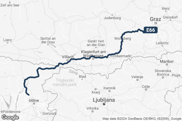 In blau eingezeichnete Europstrasse E66 ohne Sperrung